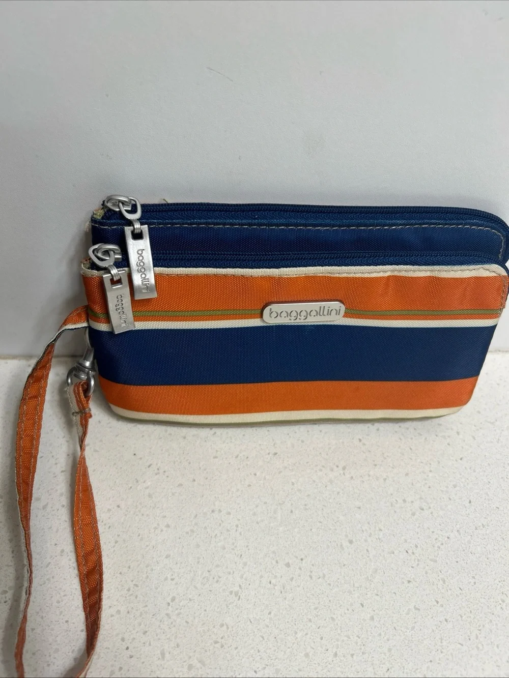 Baggallini Orange, Navy & Cream Striped Double Zip RFID Wristlet